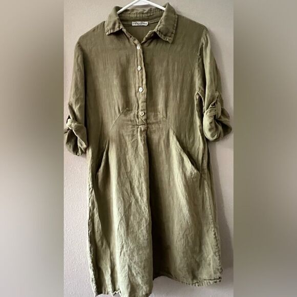 ELENA BALDI 100% LINEN KHAKI GREEN TAB SLEEVE SHIRT POCKETS DRESS ITALY SIZE S - Picture 3 of 7